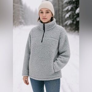 Green Tea Quarter-Zip Gray Sherpa Fleece Cozy Pullover Teddy Jacket Retro